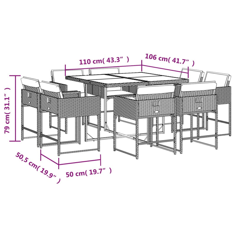 9 Piece Garden Dining Set with Cushions Black Poly Rattan