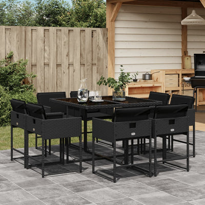 9 Piece Garden Dining Set with Cushions Black Poly Rattan