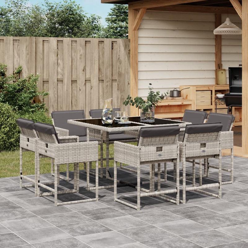 9 Piece Garden Dining Set with Cushions Light Grey Poly Rattan