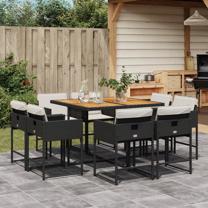 9 Piece Garden Dining Set with Cushions Black Poly Rattan