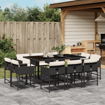 11 Piece Garden Dining Set with Cushions Black Poly Rattan