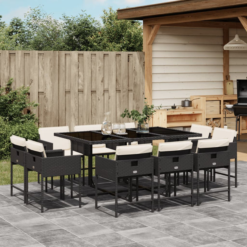 11 Piece Garden Dining Set with Cushions Black Poly Rattan