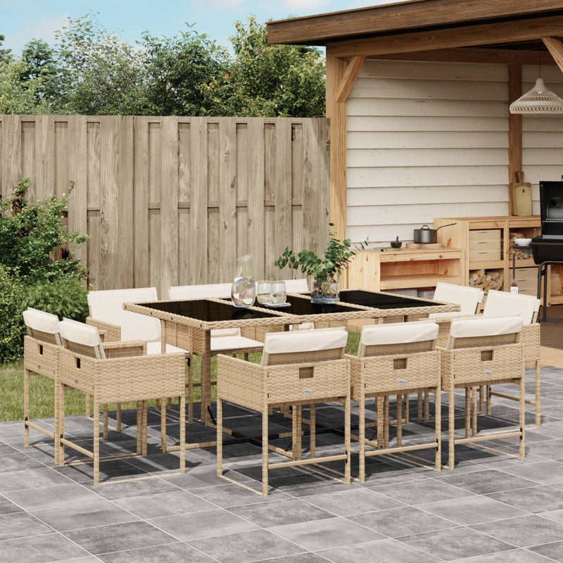 11 Piece Garden Dining Set with Cushions Beige Poly Rattan