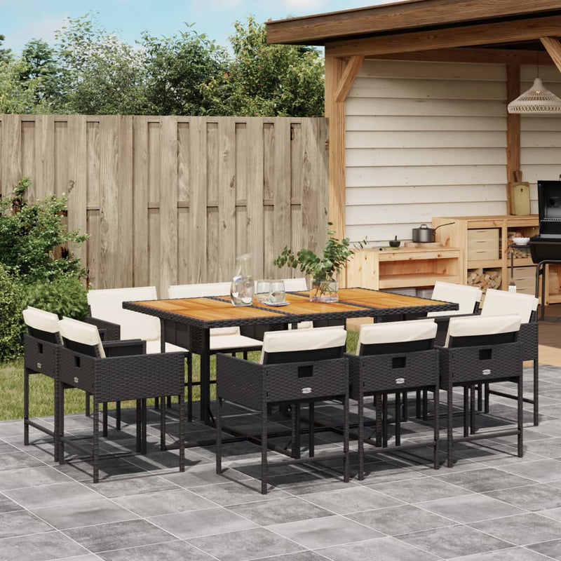 11 Piece Garden Dining Set with Cushions Black Poly Rattan