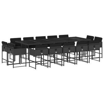 15 Piece Garden Dining Set with Cushions Black Poly Rattan