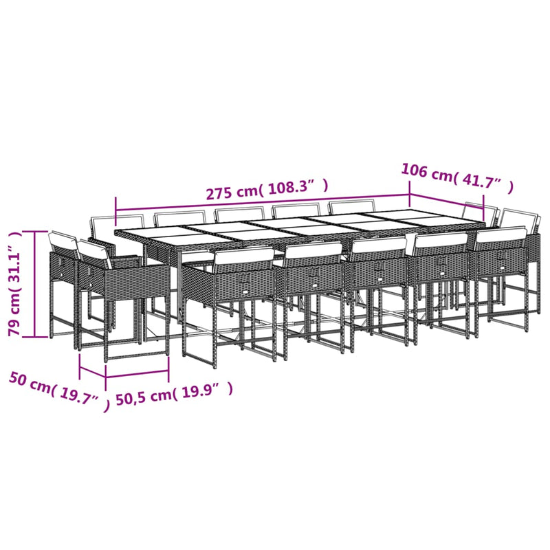 15 Piece Garden Dining Set with Cushions Grey Poly Rattan