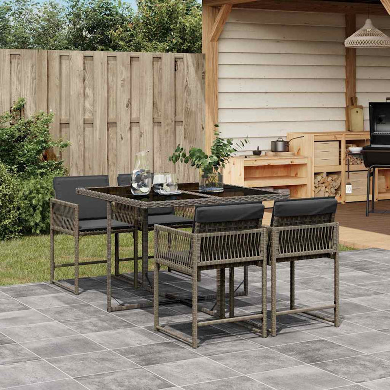 5 Piece Garden Dining Set with Cushions Grey Poly Rattan