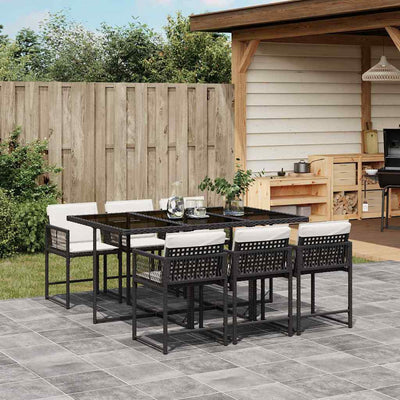 7 Piece Garden Dining Set with Cushions Black Poly Rattan