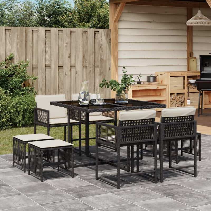 9 Piece Garden Dining Set with Cushions Black Poly Rattan