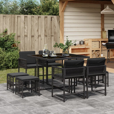 9 Piece Garden Dining Set with Cushions Black Poly Rattan