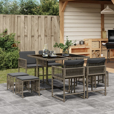 9 Piece Garden Dining Set with Cushions Grey Poly Rattan