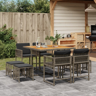 9 Piece Garden Dining Set with Cushions Grey Poly Rattan