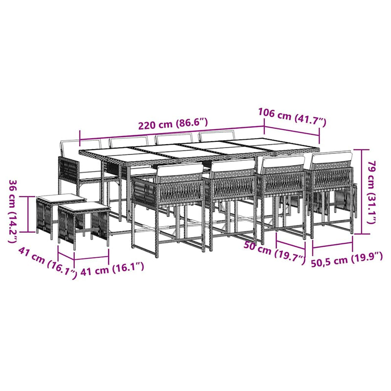 13 Piece Garden Dining Set with Cushions Grey Poly Rattan