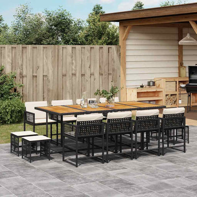 13 Piece Garden Dining Set with Cushions Black Poly Rattan