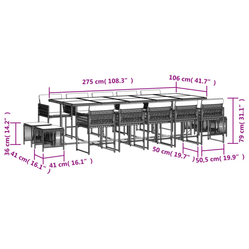 15 Piece Garden Dining Set with Cushions Black Poly Rattan