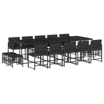 15 Piece Garden Dining Set with Cushions Black Poly Rattan