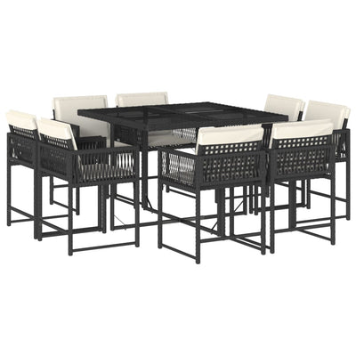 9 Piece Garden Dining Set with Cushions Black Poly Rattan