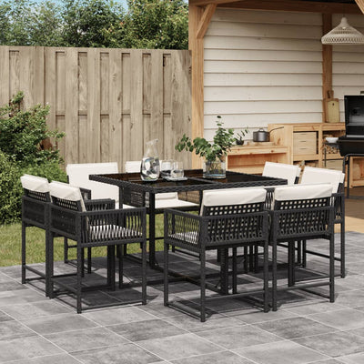 9 Piece Garden Dining Set with Cushions Black Poly Rattan