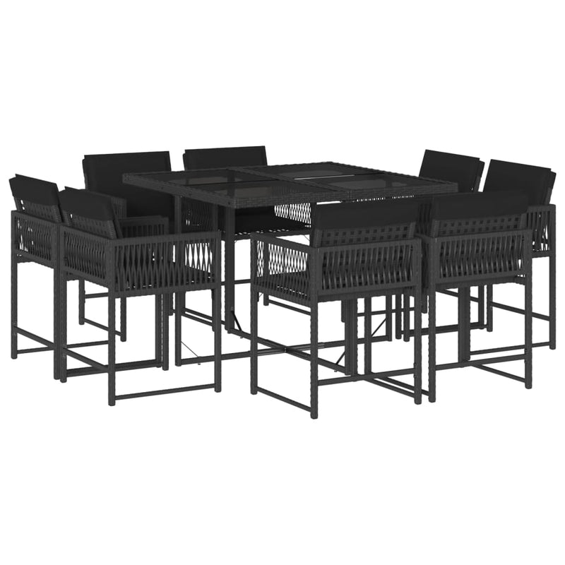 9 Piece Garden Dining Set with Cushions Black Poly Rattan