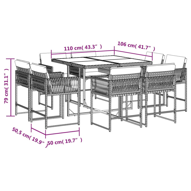 9 Piece Garden Dining Set with Cushions Light Grey Poly Rattan