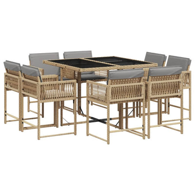 9 Piece Garden Dining Set with Cushions Mix Beige Poly Rattan