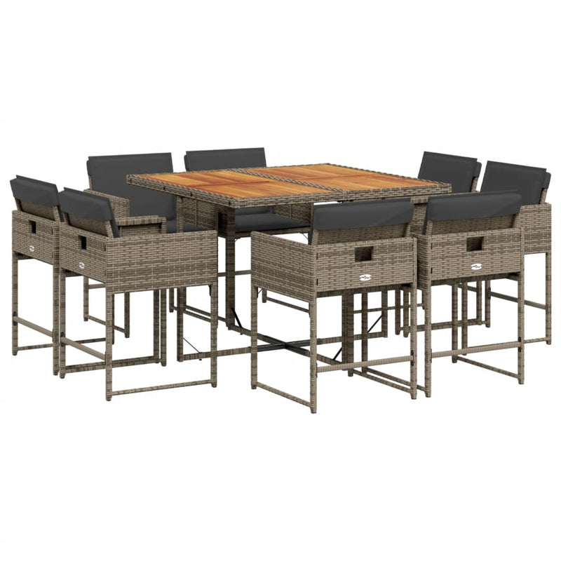 9 Piece Garden Dining Set with Cushions Grey Poly Rattan