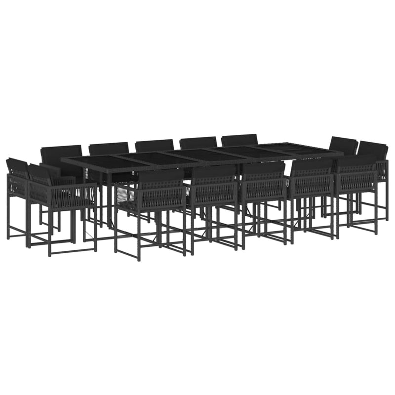 15 Piece Garden Dining Set with Cushions Black Poly Rattan