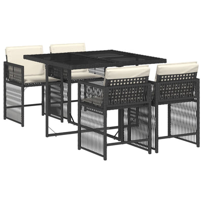 5 Piece Garden Dining Set with Cushions Black Poly Rattan