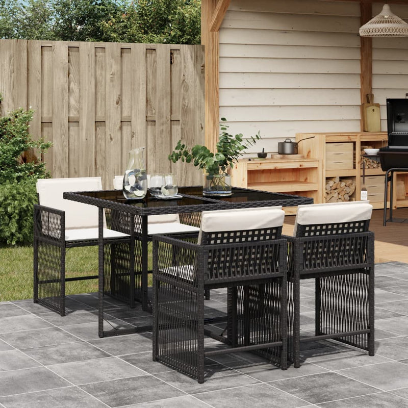 5 Piece Garden Dining Set with Cushions Black Poly Rattan