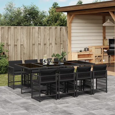 9 Piece Garden Dining Set with Cushions Black Poly Rattan