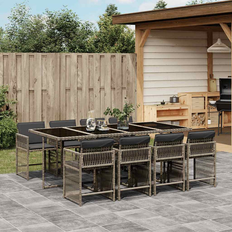 9 Piece Garden Dining Set with Cushions Grey Poly Rattan