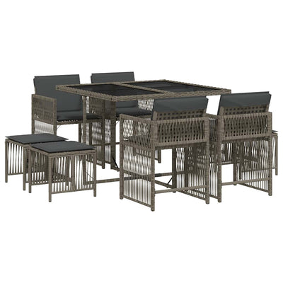 9 Piece Garden Dining Set with Cushions Grey Poly Rattan