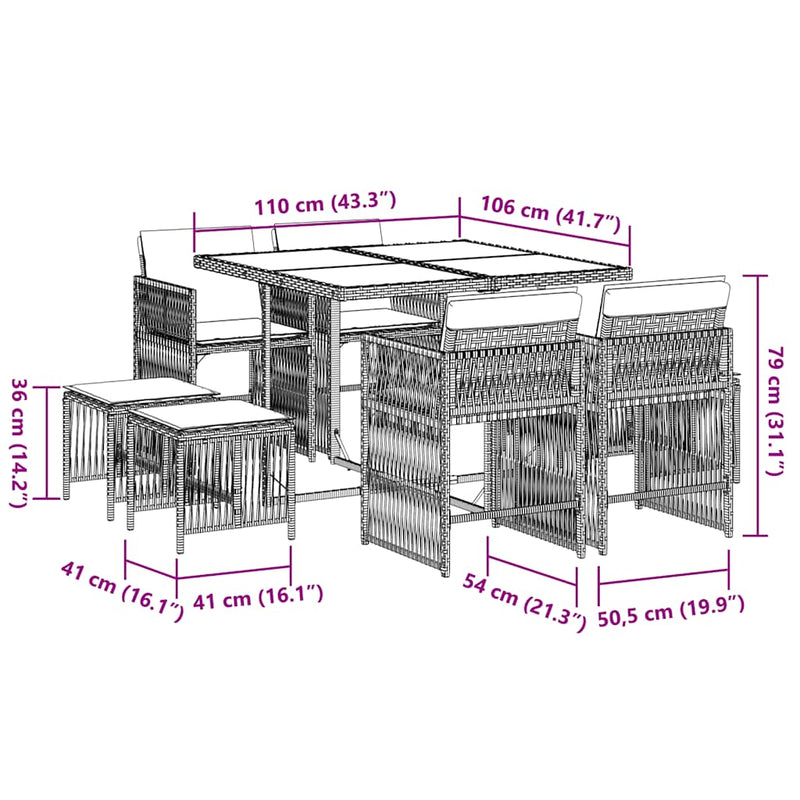 9 Piece Garden Dining Set with Cushions Grey Poly Rattan