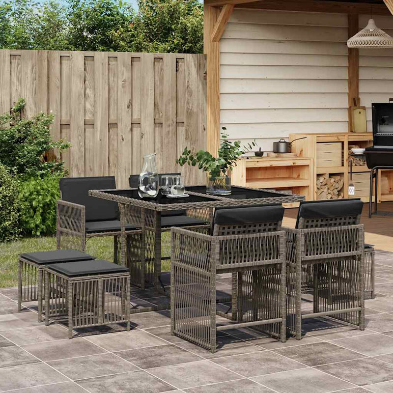 9 Piece Garden Dining Set with Cushions Grey Poly Rattan