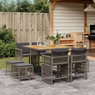 9 Piece Garden Dining Set with Cushions Grey Poly Rattan