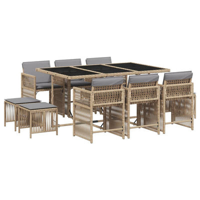 11 Piece Garden Dining Set with Cushions Mix Beige Poly Rattan