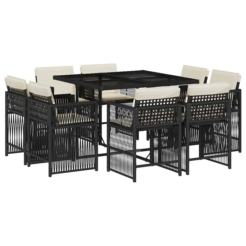 9 Piece Garden Dining Set with Cushions Black Poly Rattan