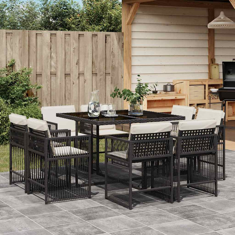 9 Piece Garden Dining Set with Cushions Black Poly Rattan