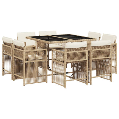 9 Piece Garden Dining Set with Cushions Beige Poly Rattan