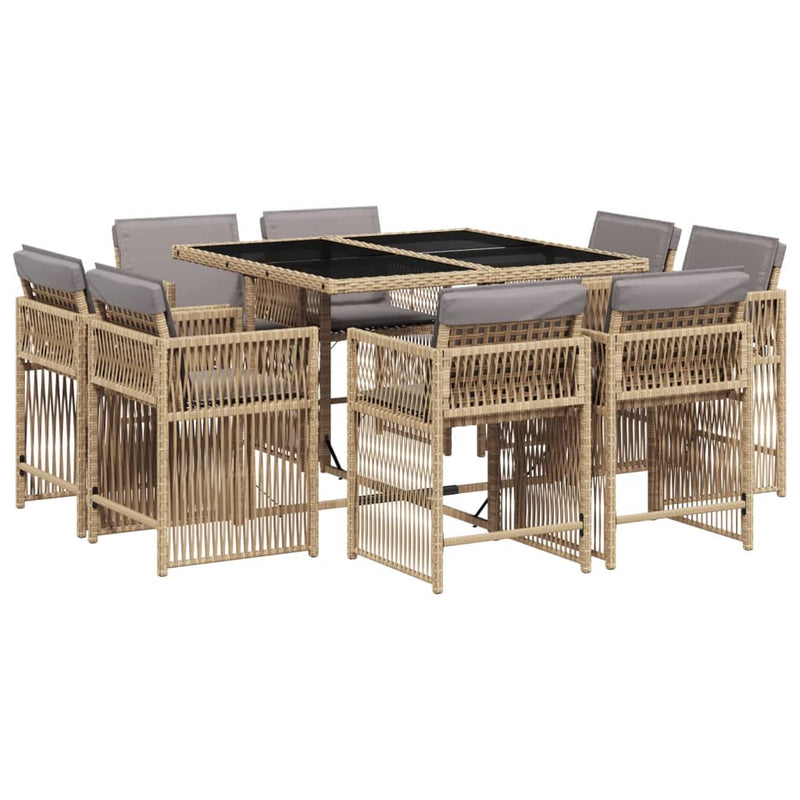 9 Piece Garden Dining Set with Cushions Mix Beige Poly Rattan