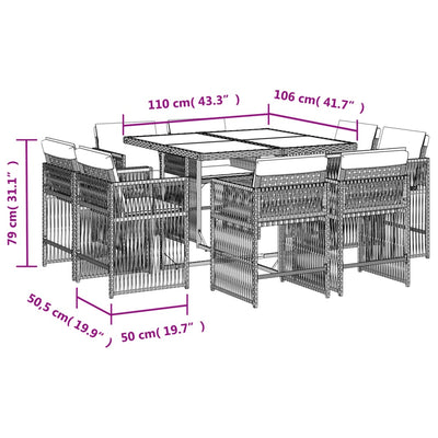 9 Piece Garden Dining Set with Cushions Grey Poly Rattan