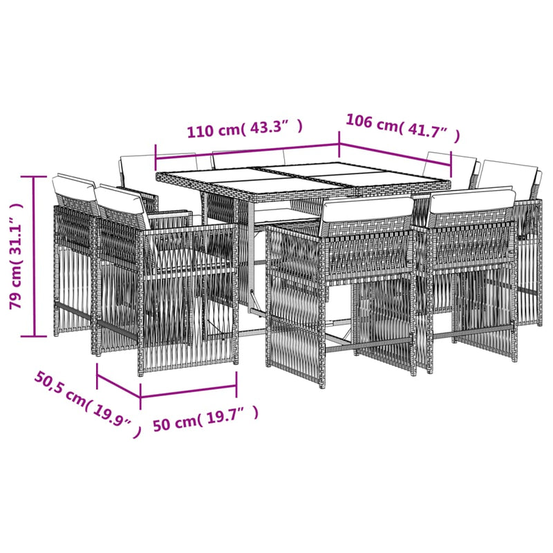 9 Piece Garden Dining Set with Cushions Grey Poly Rattan