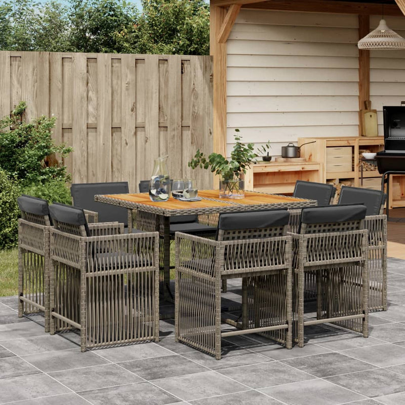 9 Piece Garden Dining Set with Cushions Grey Poly Rattan