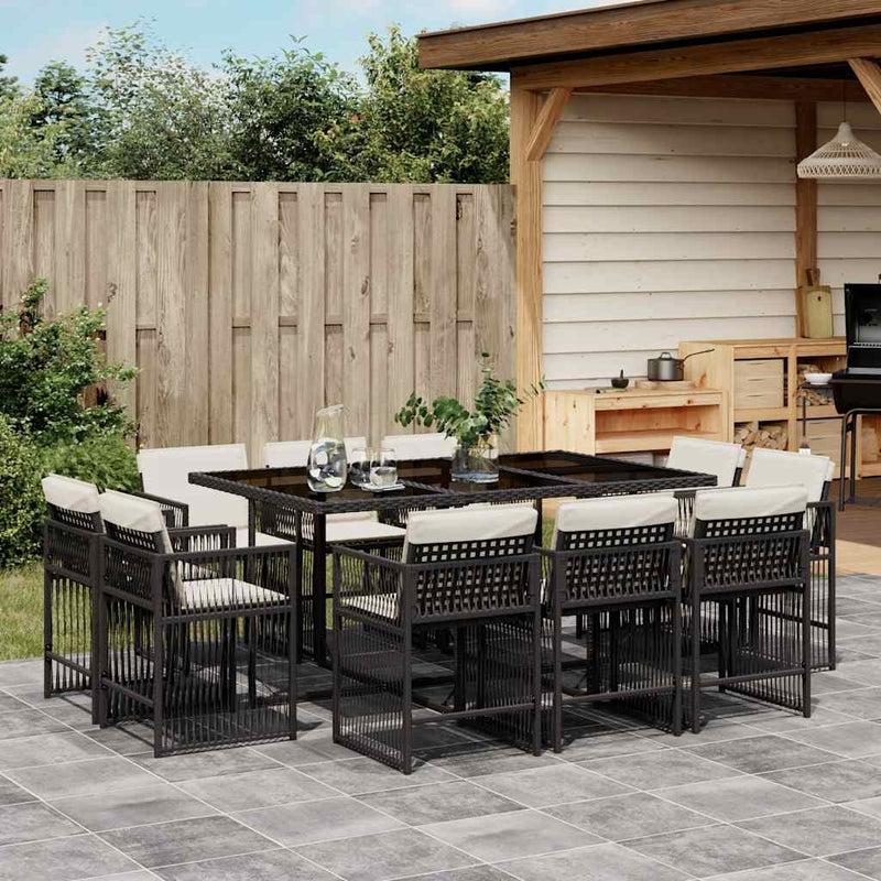 11 Piece Garden Dining Set with Cushions Black Poly Rattan