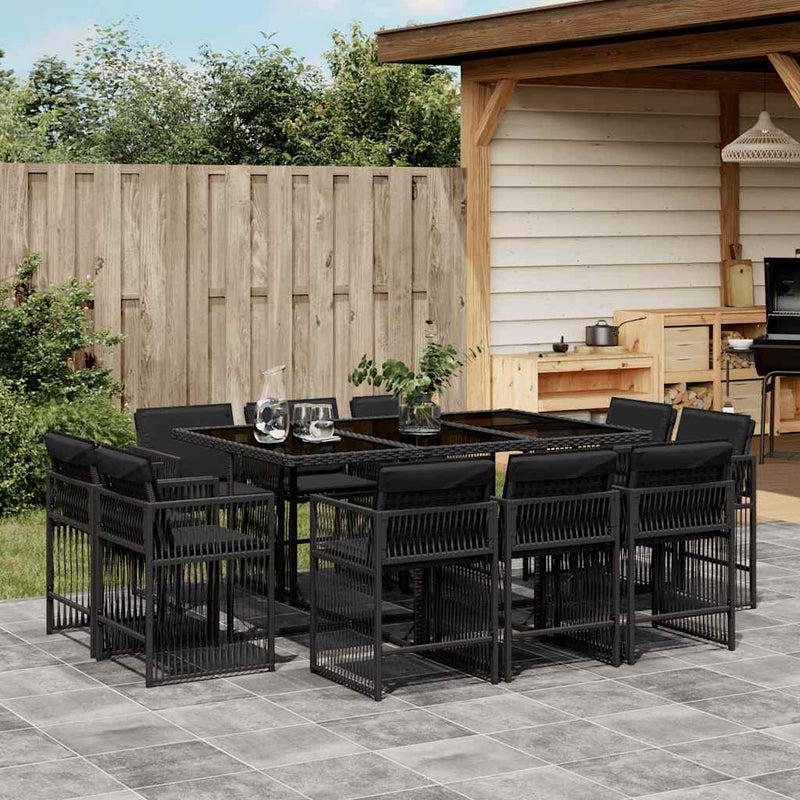 11 Piece Garden Dining Set with Cushions Black Poly Rattan