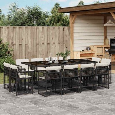 13 Piece Garden Dining Set with Cushions Black Poly Rattan