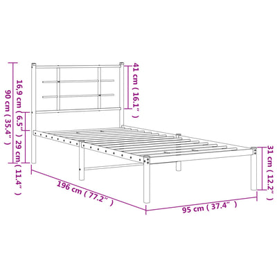 Metal Bed Frame without Mattress with Headboard Black 90x190 cm