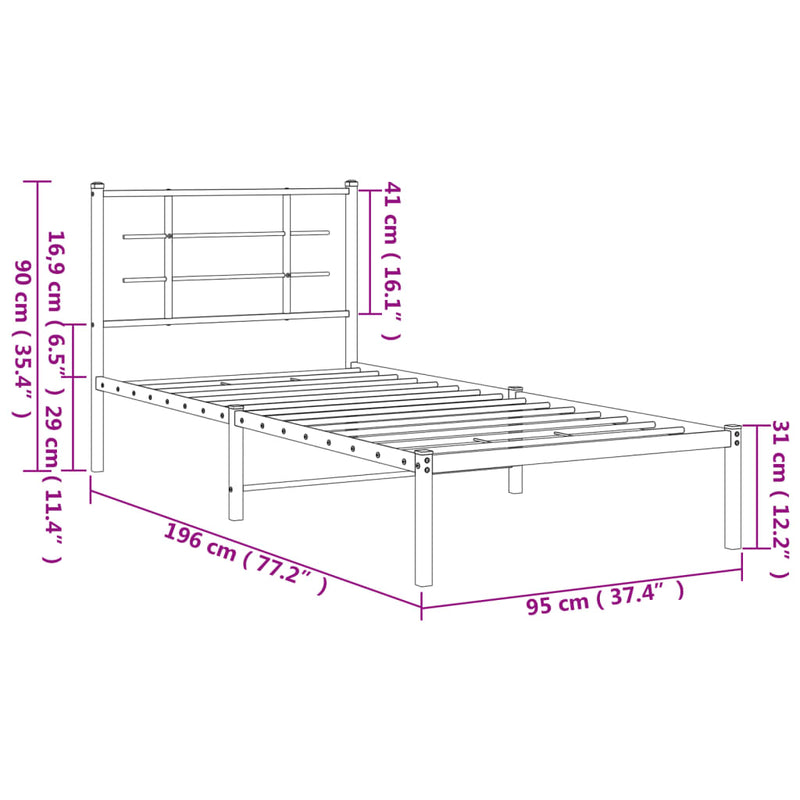 Metal Bed Frame without Mattress with Headboard Black 90x190 cm