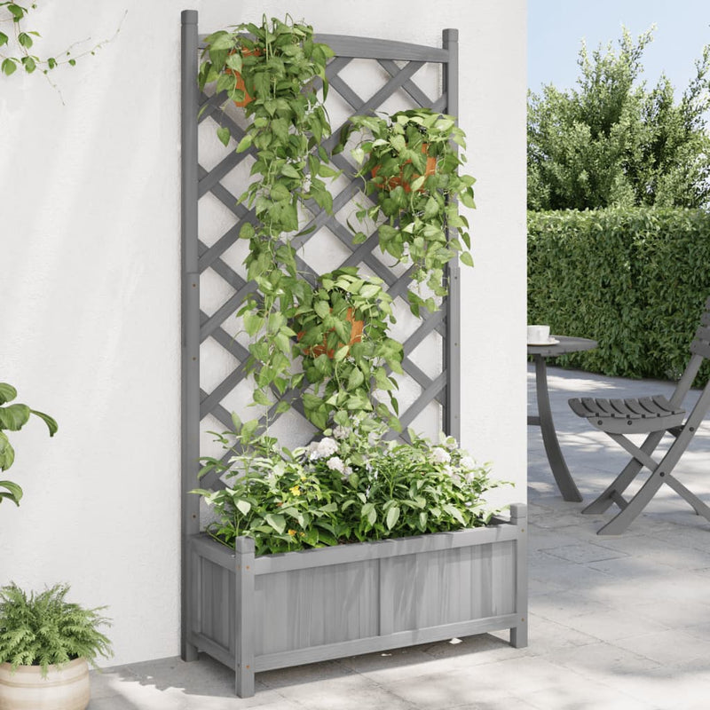 Planter with Trellis Grey Solid Wood Fir