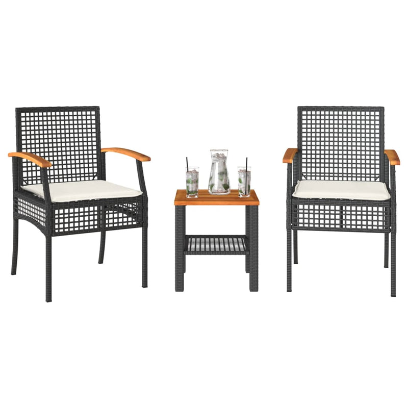 3 Piece Bistro Set with Cushions Black Poly Rattan Acacia Wood